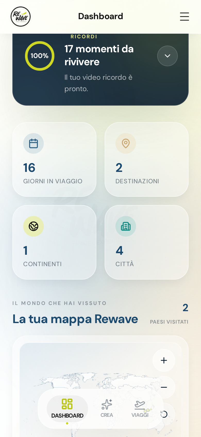 Dashboard Rewave con statistiche di viaggio e mappa dei paesi visitati