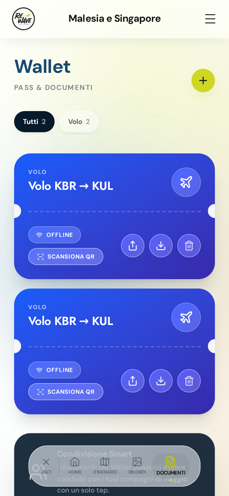 Wallet dell’app Rewave con i pass di volo e la scansione QR