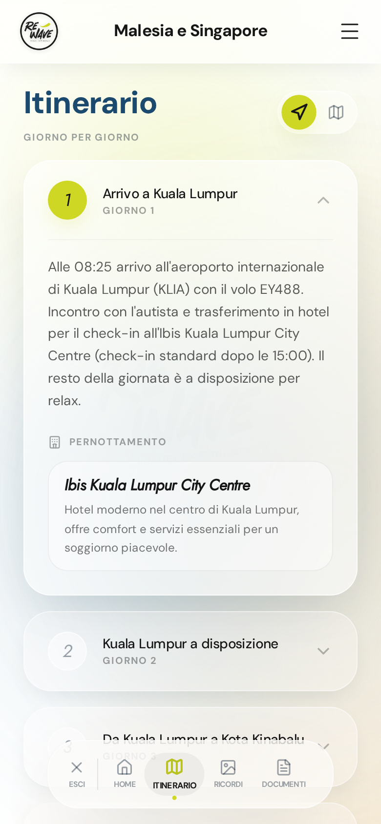 Itinerario giorno per giorno del viaggio in Malesia nell’app Rewave