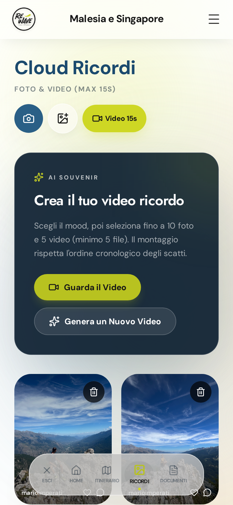 Cloud Ricordi dell’app Rewave con la creazione del video ricordo