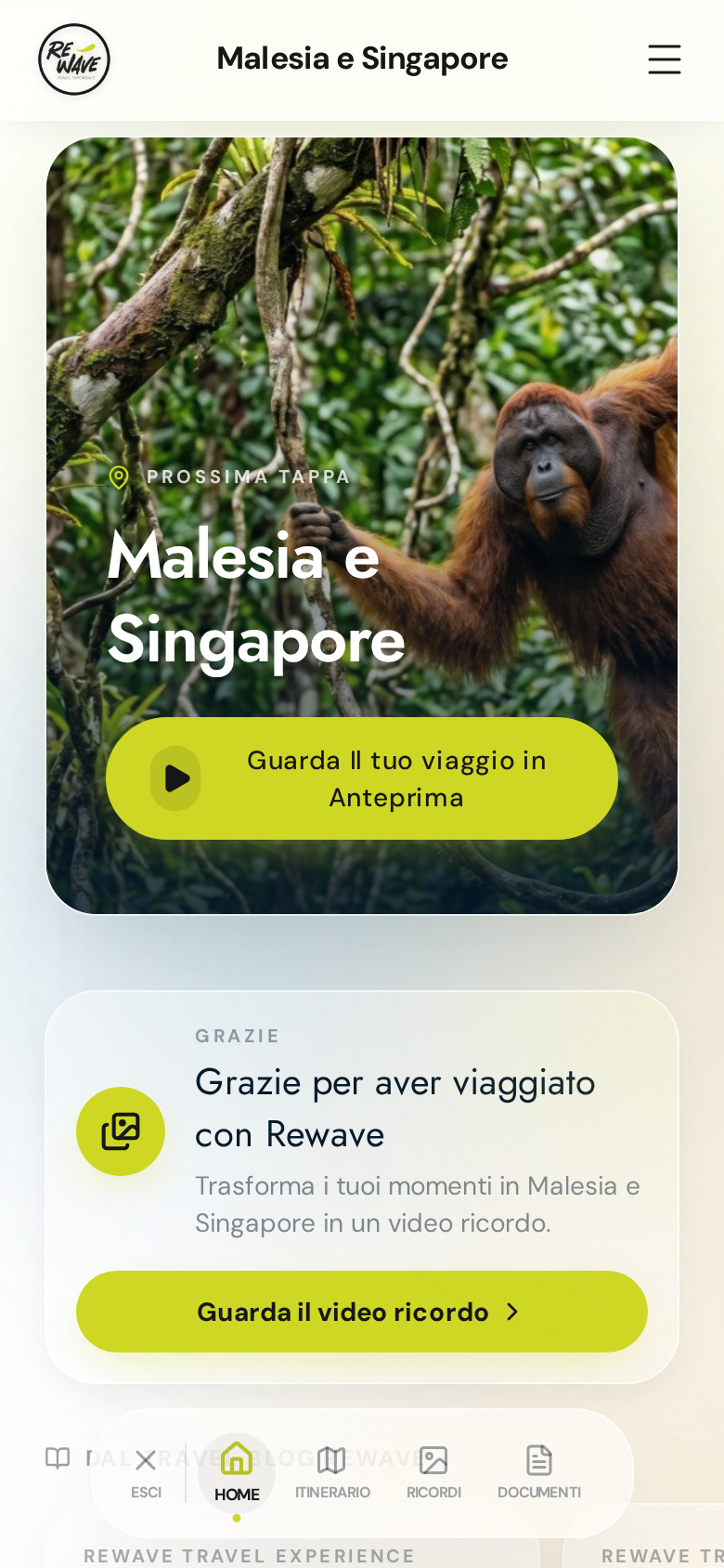 Home del viaggio Malesia e Singapore nell’app Rewave, con anteprima video e video ricordo