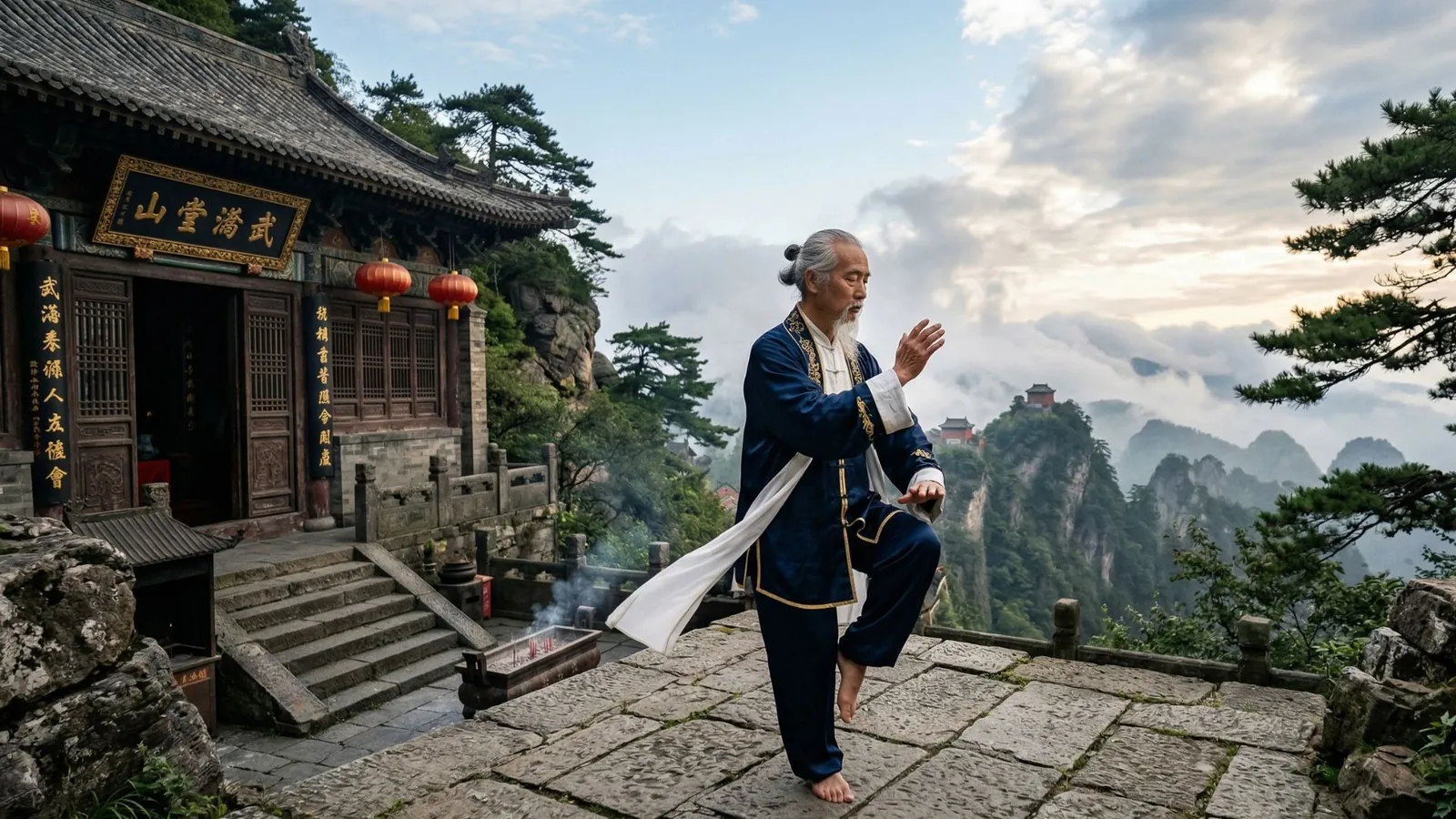 Un maestro pratica il Taichi all'alba sul Monte Wudang