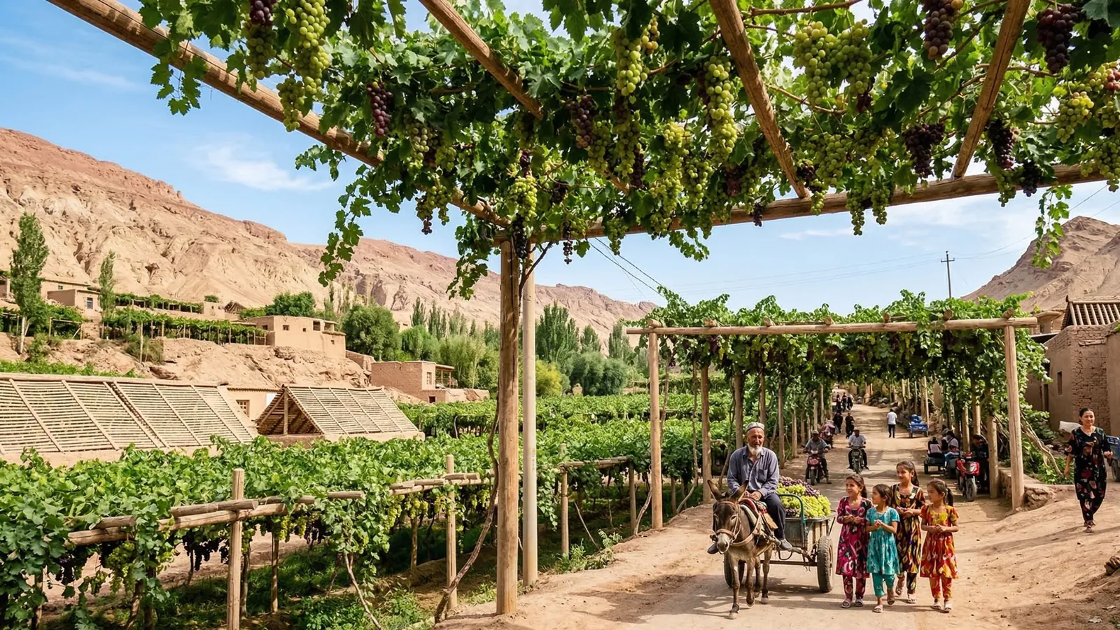 La Valle dell'Uva a Turpan, con i pergolati vitati