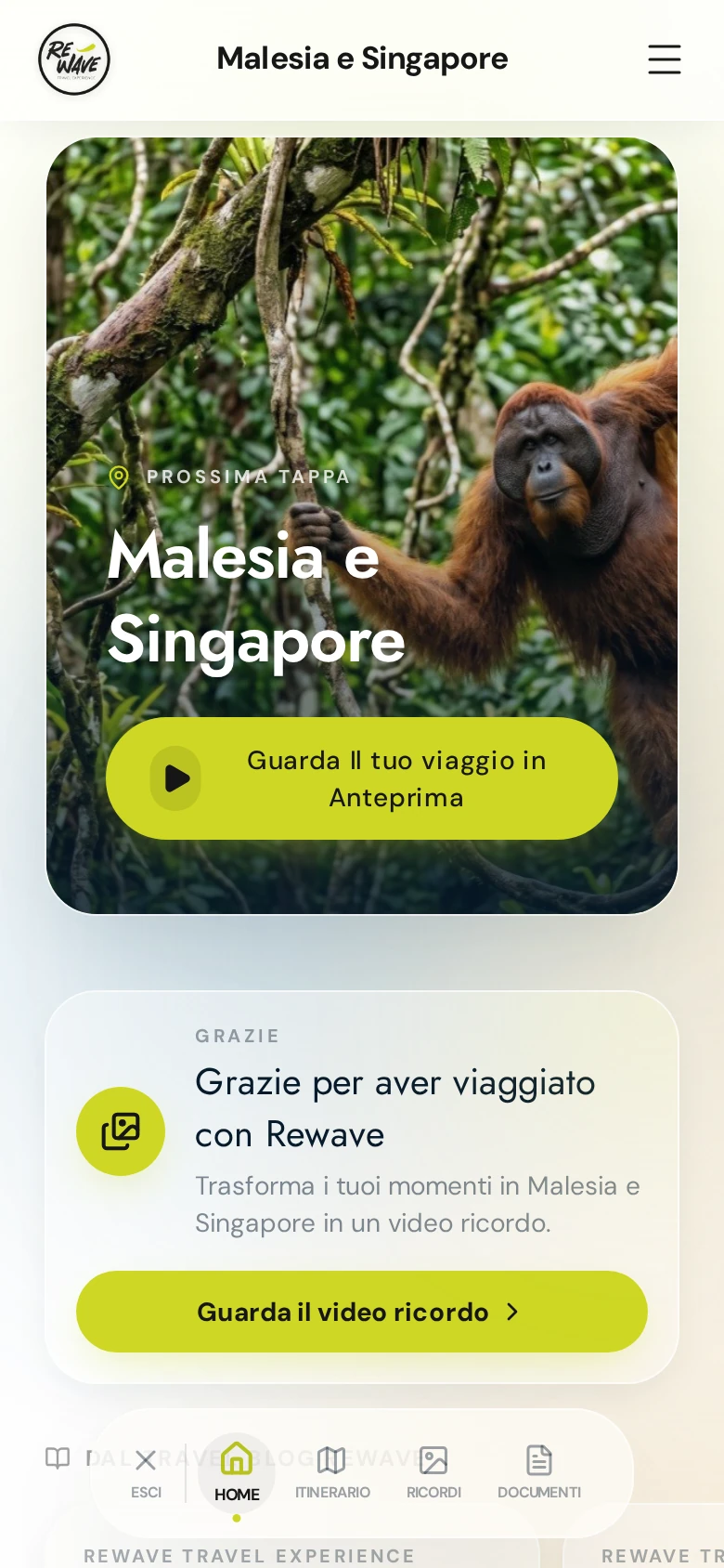 Schermata dell’app Rewave Travel Experience: home del viaggio su misura con anteprima e video ricordo